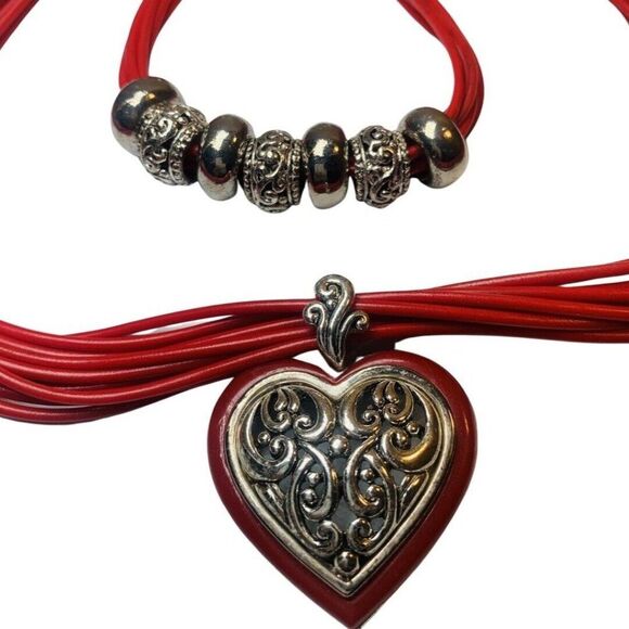 Vintage Red Paisley Swirl Heart Pendant Silver Statement Necklace Bracelet Set - Picture 4 of 6